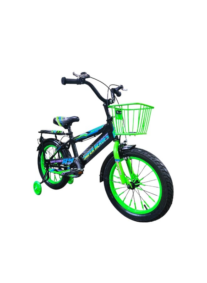 MOHAMED ABO ELGOUKH Super Hero 16-Inch Kids Bicycle – Green | Steel Frame, Training Wheels, Safety Brakes, Basket & Rear Carrier | Abo ElGoukh & Maxlerz® Warranty | For Boys & Girls (4–7 Years) - Image 1